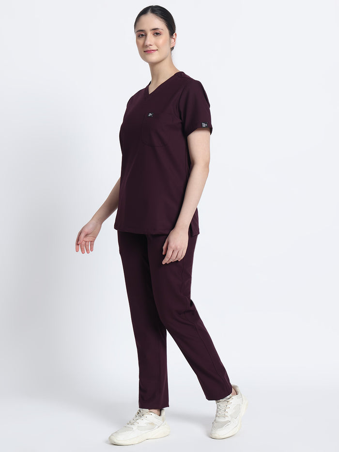 Stretchable (4Way) Women Wine V-Neck With Straight Pant Scrub Set