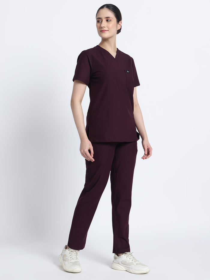 Stretchable (4Way) Women Wine V-Neck With Straight Pant Scrub Set