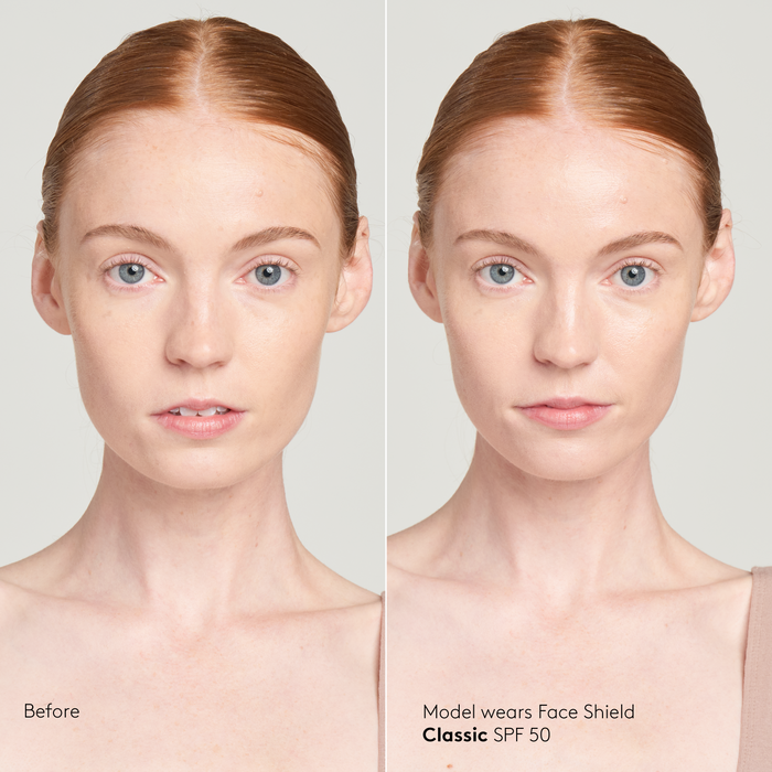 Model with fair skin tone wearing Sunforgettable® Total Protection™ Face Shield Classic SPF 50 before and after || all