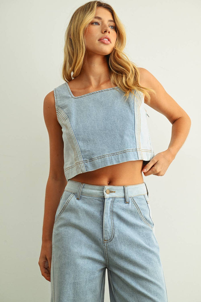 T5886ST   DENIM COLOR BLOCKED SLEEVELESS TOP