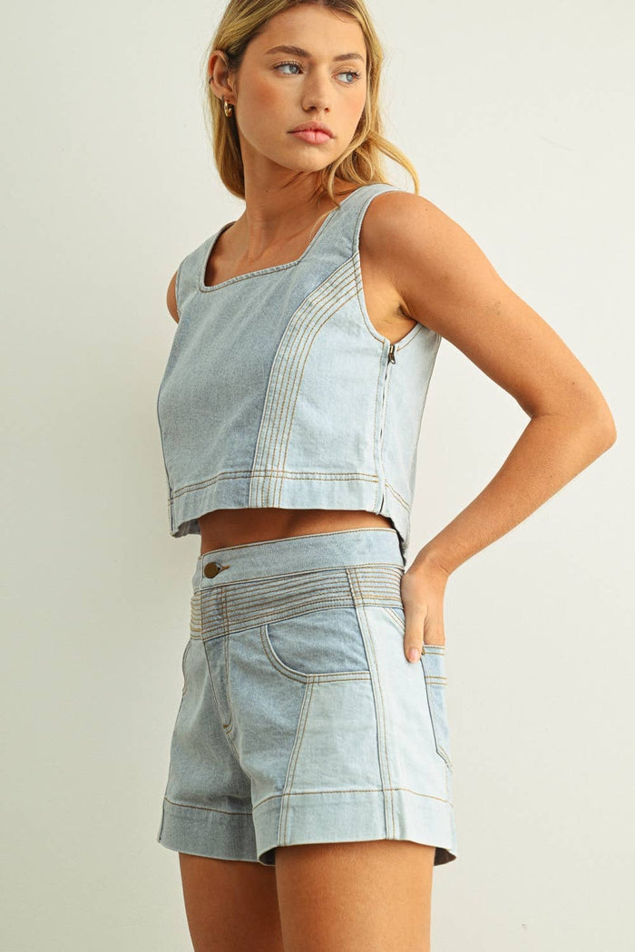 T5886ST   DENIM COLOR BLOCKED SLEEVELESS TOP