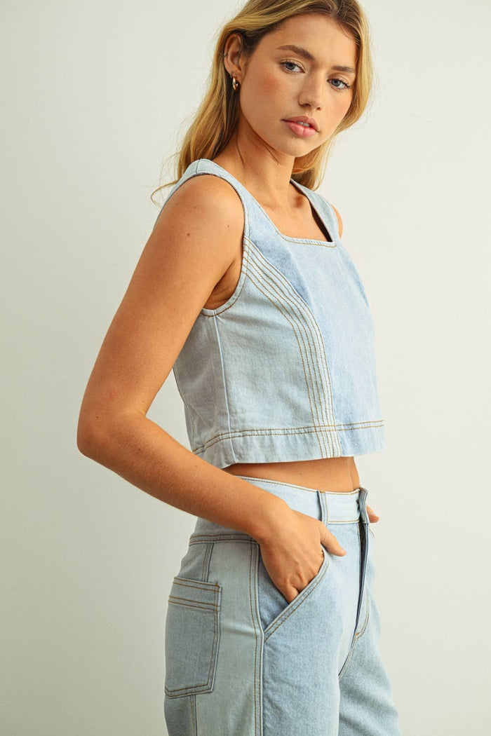 T5886ST   DENIM COLOR BLOCKED SLEEVELESS TOP