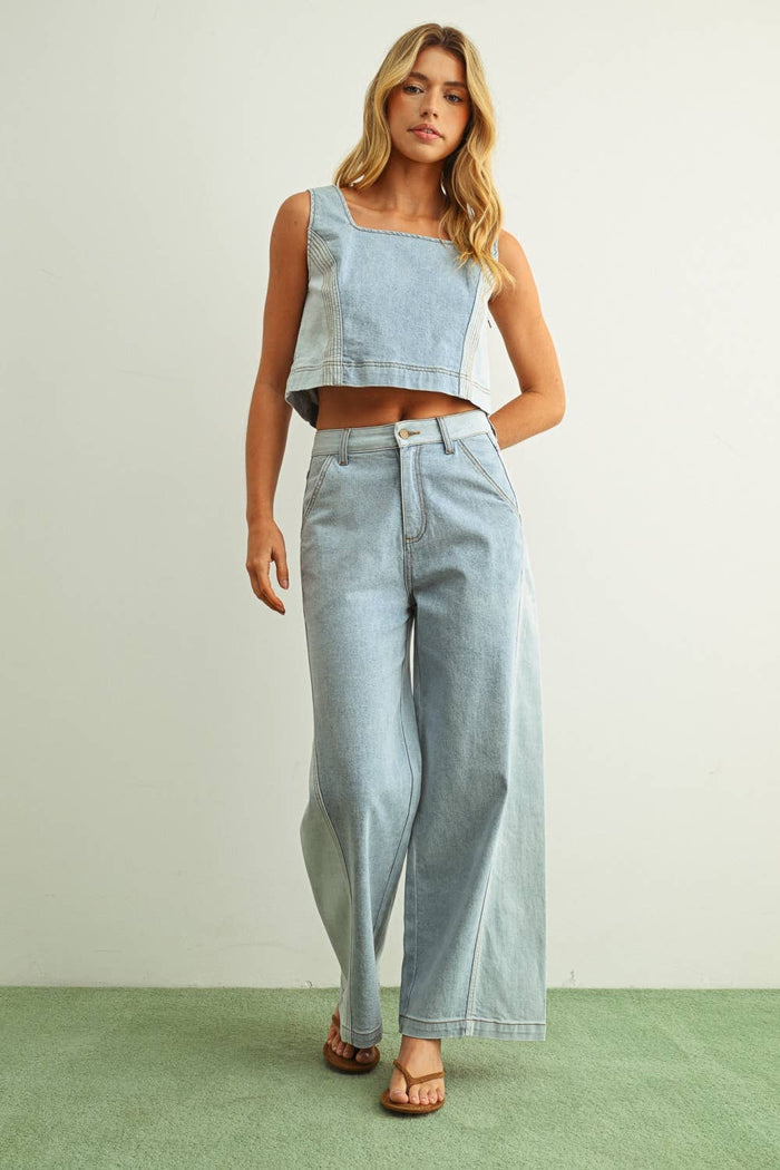 T5886ST   DENIM COLOR BLOCKED SLEEVELESS TOP
