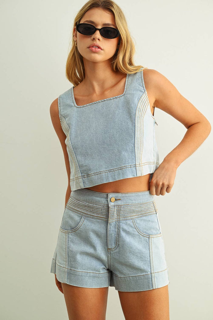 T5886ST   DENIM COLOR BLOCKED SLEEVELESS TOP