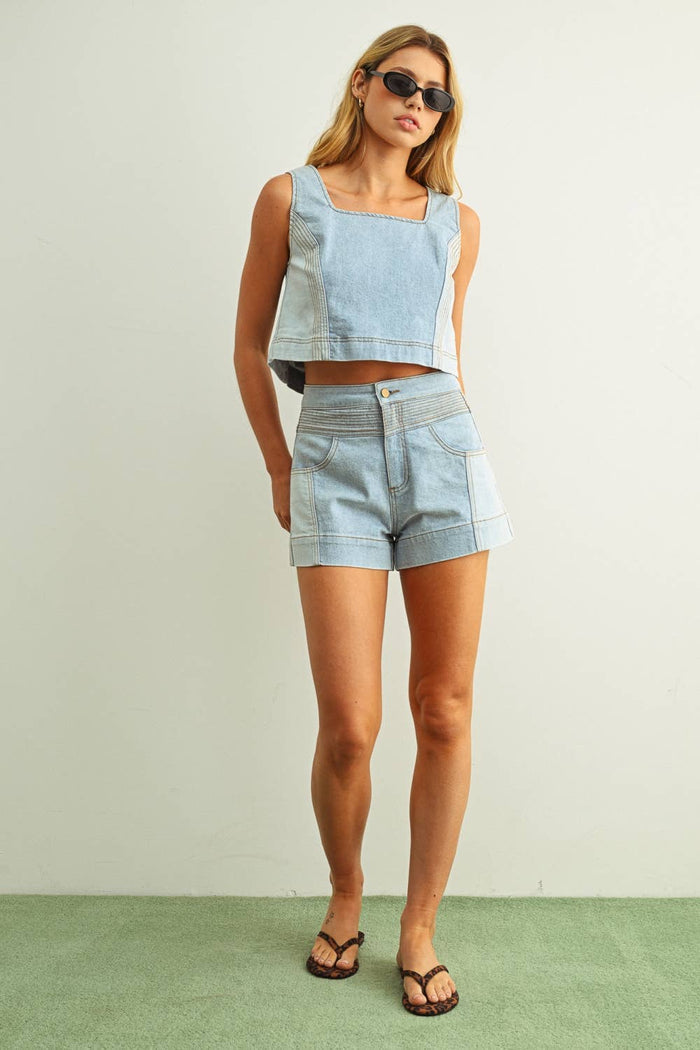 T5886ST   DENIM COLOR BLOCKED SLEEVELESS TOP