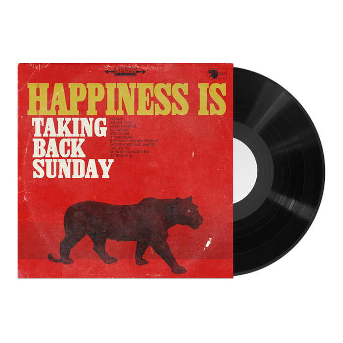 A black vinyl record slides out of a red album cover featuring bold yellow and white Happiness Is Taking Back Sunday text and a black panther graphic at the bottom, from Taking Back Sundays limited edition release.