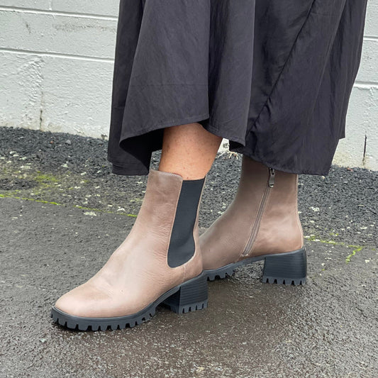 Quality, comfortable women's dress boots. Chucky sole unit elasticated gussets plus zipper. Robust ankle boots. In mushroom.