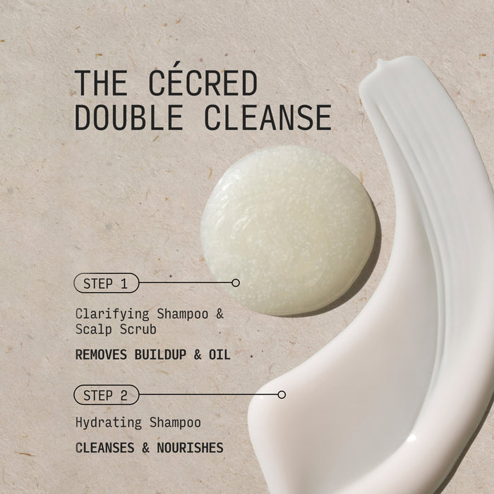 Two white products displayed on beige background: textured cream in round container labeled Step 1 and curved white bottle la