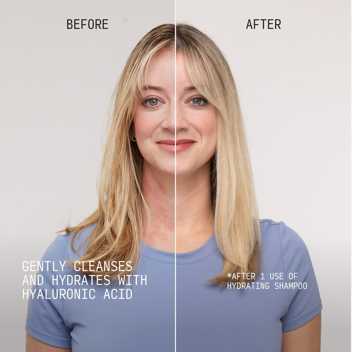 Before and after comparison showing woman's hair and skin appearance with text describing cleansing and hydrating benefits.