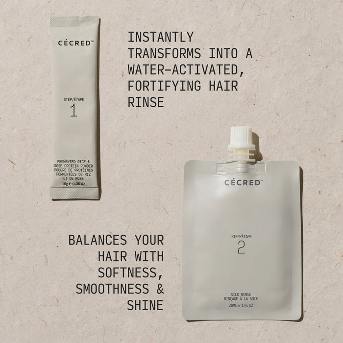 Cécred Fermented Rice & Rose Protein Ritual Step 1 powder tube and Step 2 silk rinse pouch displayed with Instantly Transforms into a Water-Activated Fortifying Hair Rinse and Balances Your Hair with Softness, Smoothness & Shine claim text against a warm neutral textured background