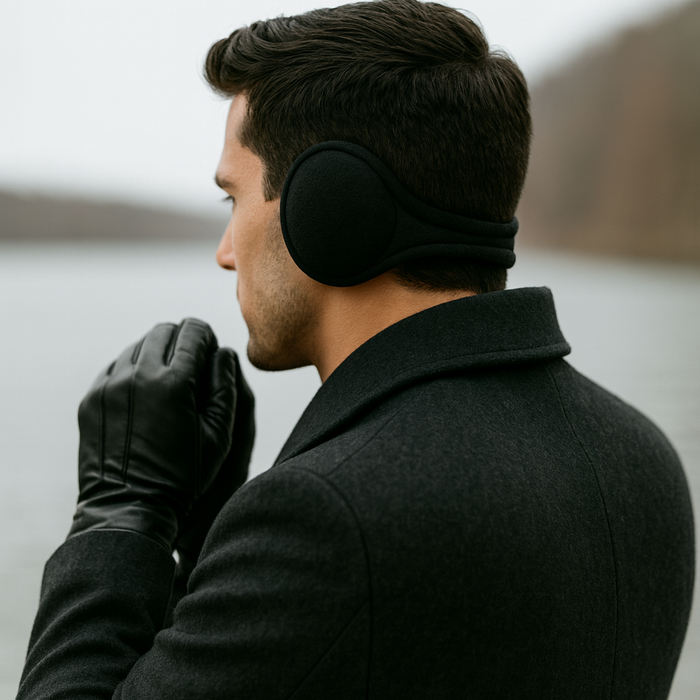 The Montreal Collection Black Behind the Head Design Fleece Stretch Ear Warmers - The Suit Depot