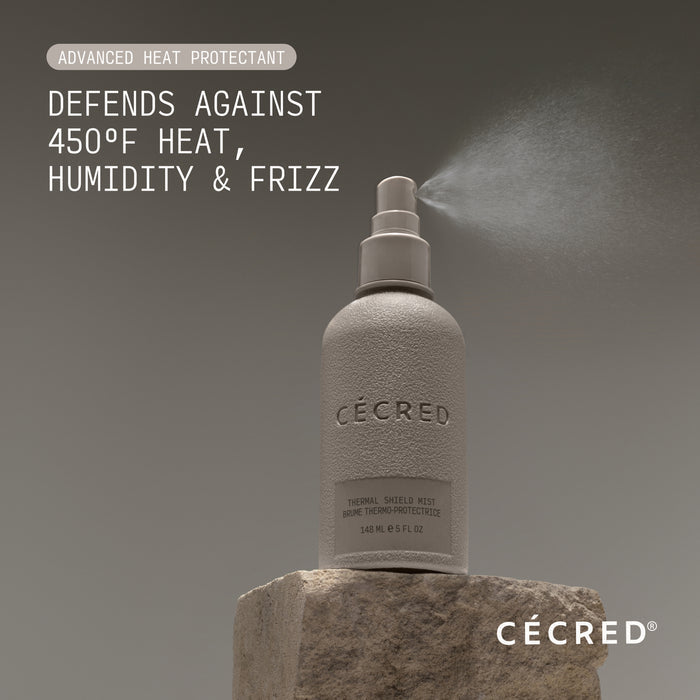 Cécred Thermal Shield Mist bottle on a gray background with product features highlighted.
