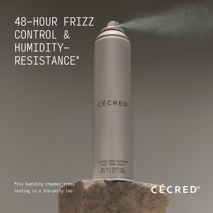 Cécred Flexible Hold Hairspray with text about frizz control and humidity resistance on a gray background.