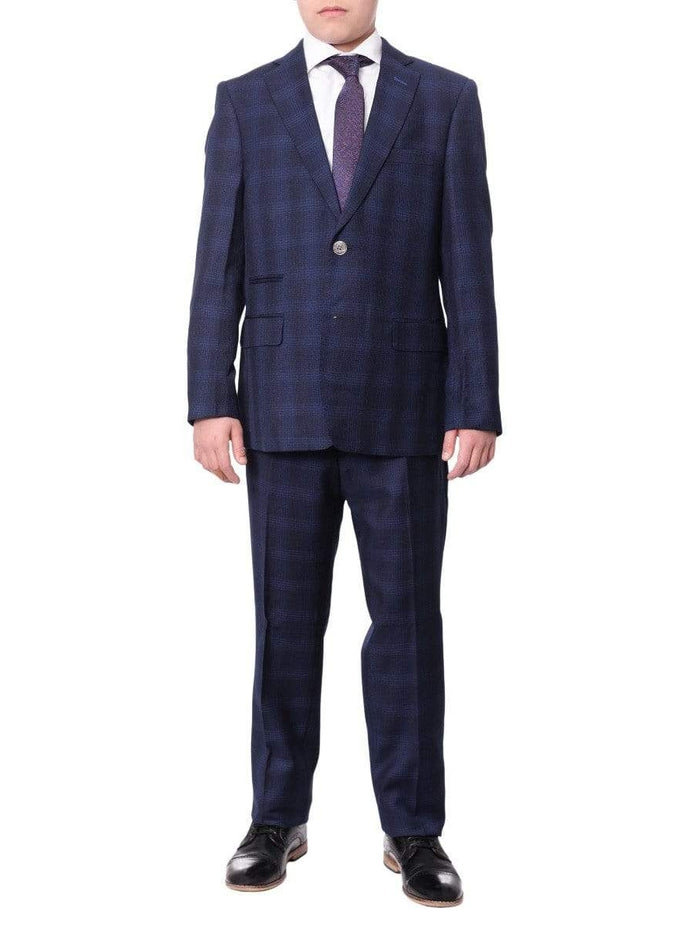 The Suit Depot Boys Navy Blue Plaid Husky Fit Suit - The Suit Depot