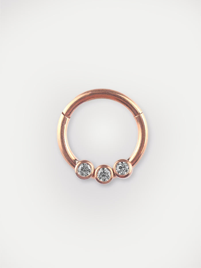 Three Gem Rose Gold Hinged Ring 16G | Clear-Image 1