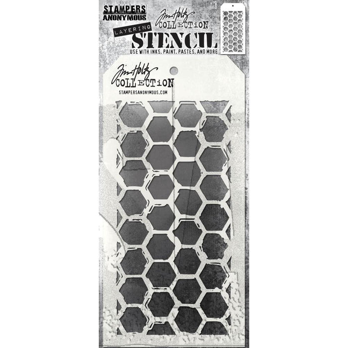 Tim Holtz - Layered Stencil - 4.125"X8.5" - Brush Hex. Layering stencils are designed to add texture and imagery to your creativity. The simple tag shape makes it easy to organize and store the stencils in one place. Available at Embellish Away located in Bowmanville Ontario Canada.