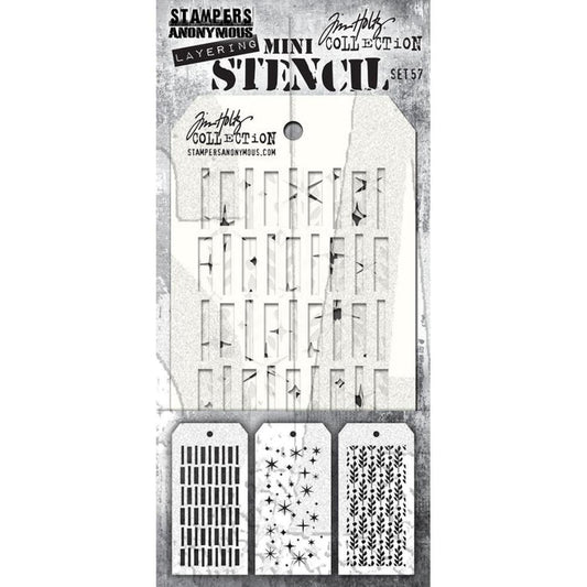 Tim Holtz - Mini Layered Stencil Set - 3/Pkg - Set #57. Add dimension to a project by using color variations or different colors in the open spaces of the stencils. Use the stencils with a variety of mediums to add texture. Available at Embellish Away located in Bowmanville Ontario Canada.