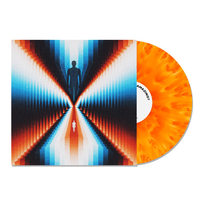Trash Boats Dont You Feel Amazing? album cover depicts a silhouette at a tunnel’s end in blue, orange, and red, with a small white figure below. Beside the cover is a partially visible cloudy orange vinyl record.