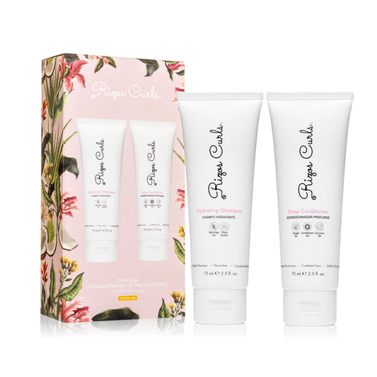 Travel Wash Day Bundle packaging featuring a box with a floral pattern and two tubes labeled Hydrating Shampoo and Deep Conditioner.