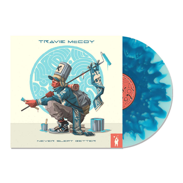 Travie McCoy album cover for Never Slept Better shows a stylized figure painting on a wall, with paint cans nearby and a cloudy blue vinyl record peeking out.