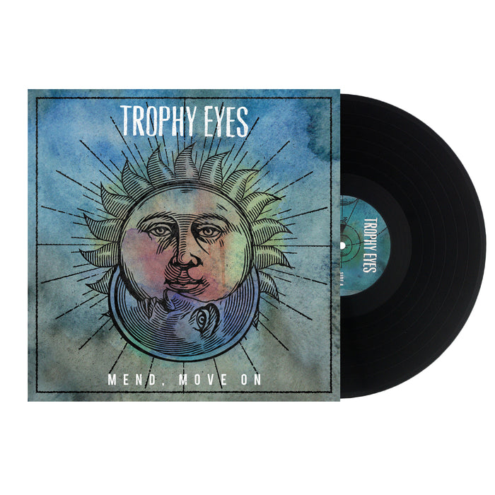 A black vinyl record partially out of its sleeve reveals the Mend Move On album by Trophy Eyes: an illustrated sun and moon face on a blue watercolor background with rays and the band name above, plus the tracklist on the back.