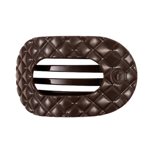 Teleties hair clip, taupe quilted hair clip, medium flat hair clip, round hair clip, pressure-free hair clip, flat back clip, non-slip hair clip, Teleties medium clip, stylish hair accessory, durable hair clip