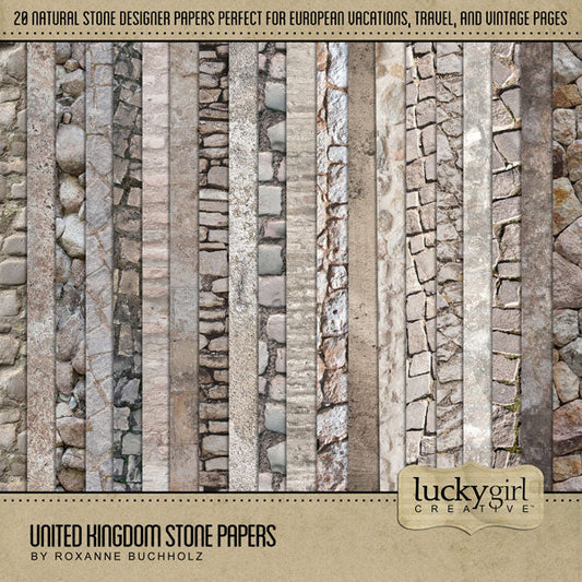 Celebrate the United Kingdom, England, Scotland, Northern Ireland, Wales and all of Europe with these realistic stone digital papers by Lucky Girl Creative. Great for adding that historic vintage and antique look to all your pages including family heritage and genealogy.