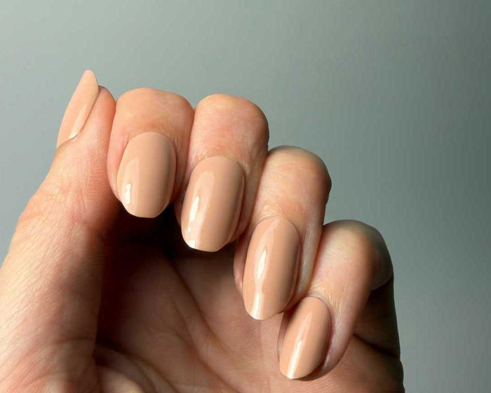 Peaches N Cream UV-Free gel nail wraps worn on the hand, alternate angle
