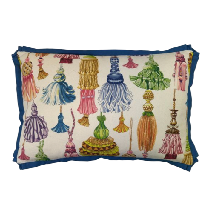 Decorative pillow with colorful lampshade pattern on a white background