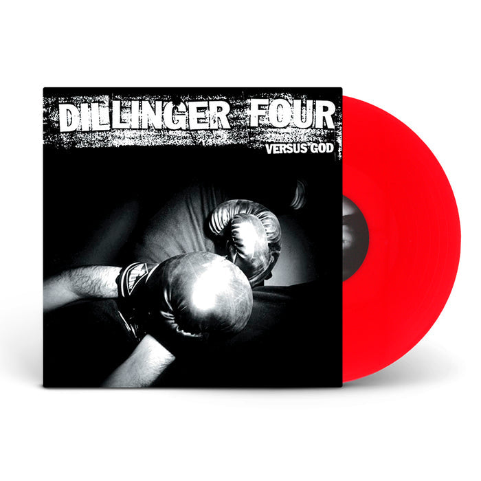 The image displays a red vinyl record from Dillinger Four, partially out of its sleeve. The cover shows two boxers in black-and-white and bold, distressed lettering, reflecting the bands energetic style.