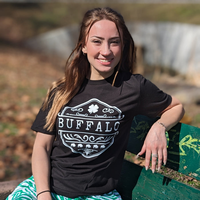 Vintage Buffalo Design With Clover Black Short Sleeve Shirt