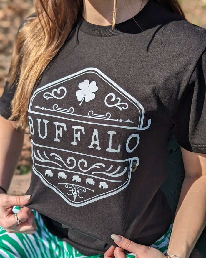 Vintage Buffalo Design With Clover Black Short Sleeve Shirt