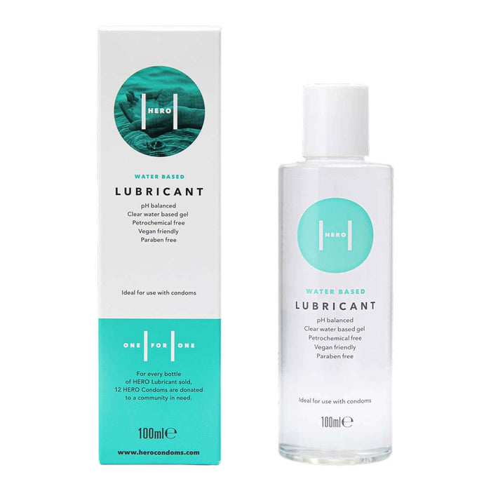 HERO water-based lubricant bottle and packaging on a white background.