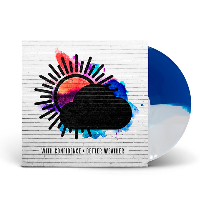 A blue and white vinyl record slides out of its cover, decorated with a black sun, cloud, and colorful splashes on a lined background—reflecting the Gravity theme from With Confidence’s Better Weather album.