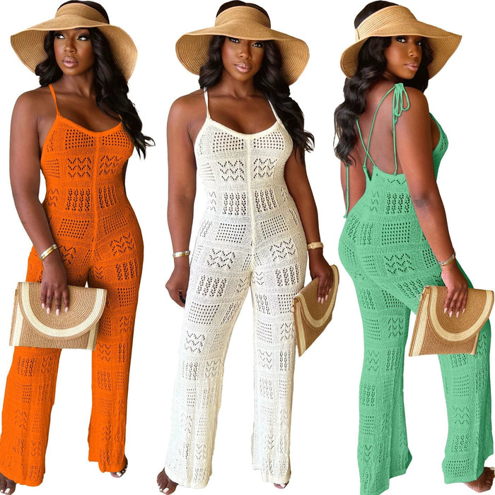 Woolen Knitted Sexy Sling Geometric Hollow-out Jumpsuit