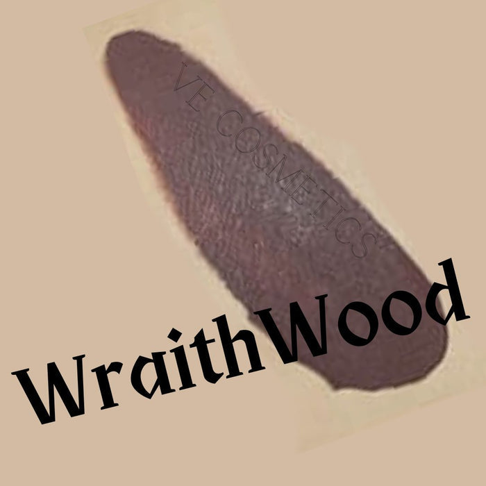 VE Cosmetics Liquid Moisture Lipstick in Wraithwood . a swatch showing a cool-toned deep brown with satin-matte finish