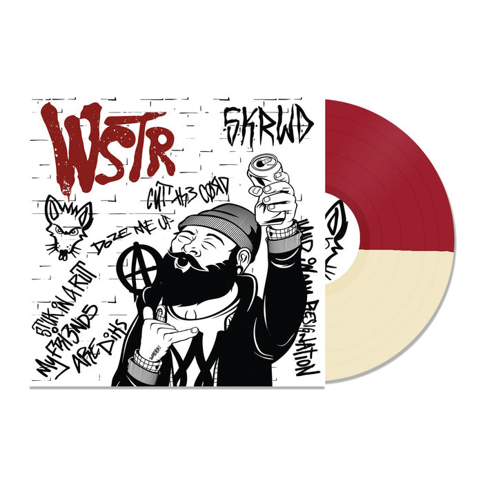 This limited edition WSTR split variant vinyl is half maroon, half cream, and features a graffiti-style cover with a bearded man holding a spray can, surrounded by tags, sketches, and the WSTR band name.