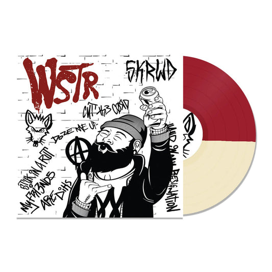 This limited edition WSTR split variant vinyl is half maroon, half cream, and features a graffiti-style cover with a bearded man holding a spray can, surrounded by tags, sketches, and the WSTR band name.
