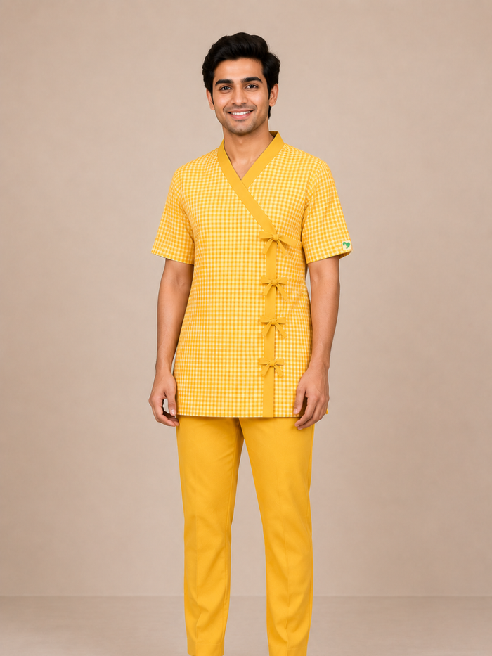 YELLOW V NECK PATIENT DRESS FOR MEN