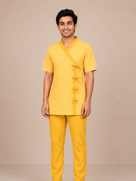 YELLOW V NECK PATIENT DRESS FOR MEN