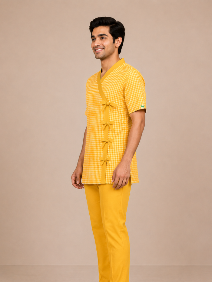 YELLOW V NECK PATIENT DRESS FOR MEN