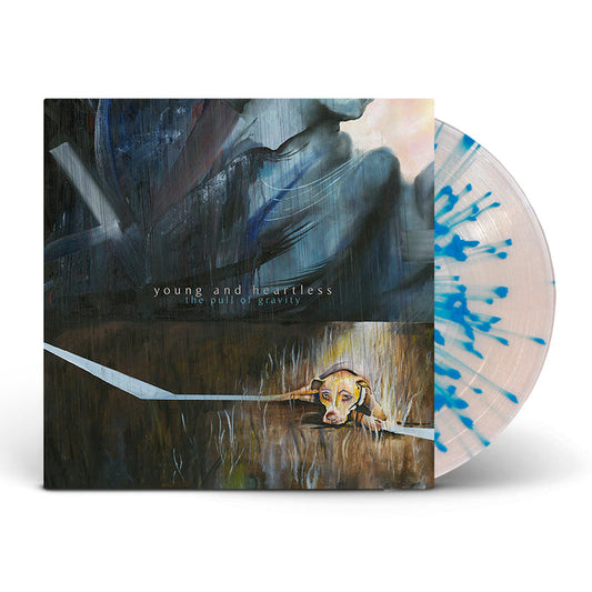 Album cover for Young And Heartless’s The Pull of Gravity features abstract art: a dog over grass, a blue-toned figure above, capturing Desk Rot’s haunting vibe. Translucent vinyl includes bold blue splatter patterns. Brand: Young And Heartless.