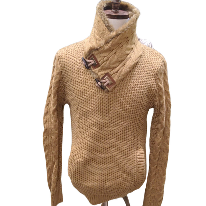 Young Republic Mens Solid Camel Brown Cotton Blend Shawl Neck Sweater - The Suit Depot