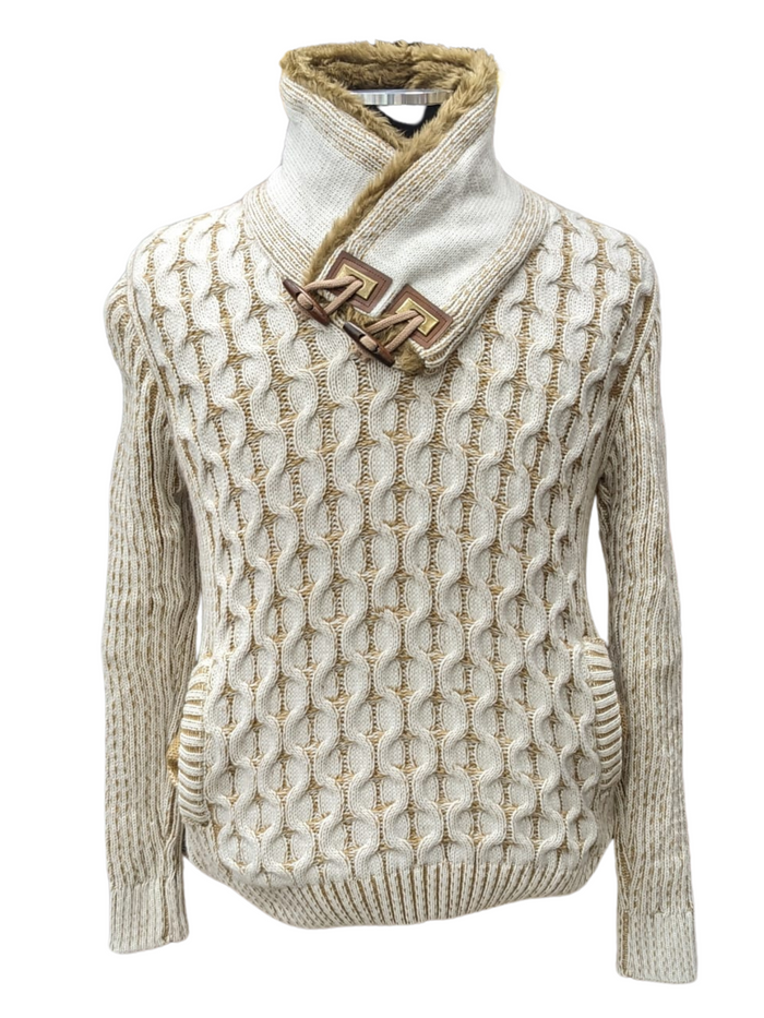Young Republic Solid Ecru Tan Cotton Blend Shawl Neck Aran Sweater - The Suit Depot
