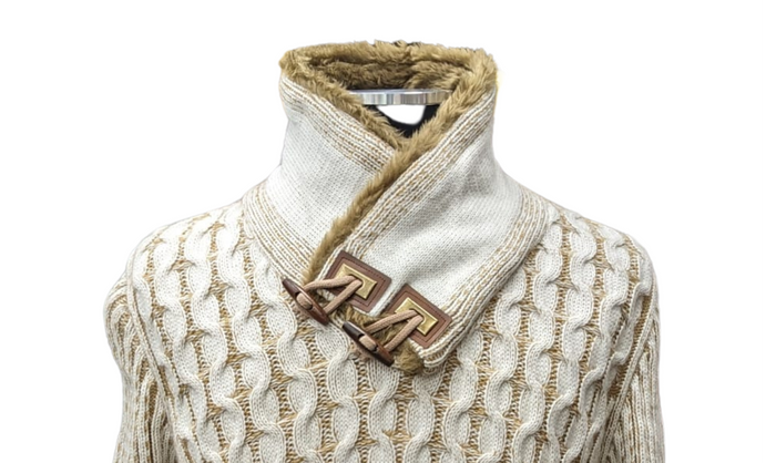 Young Republic Solid Ecru Tan Cotton Blend Shawl Neck Aran Sweater - The Suit Depot