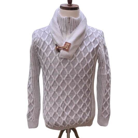 Young Republic Solid Light Gray Ecru Cotton Blend Shawl Neck Aran Sweater - The Suit Depot