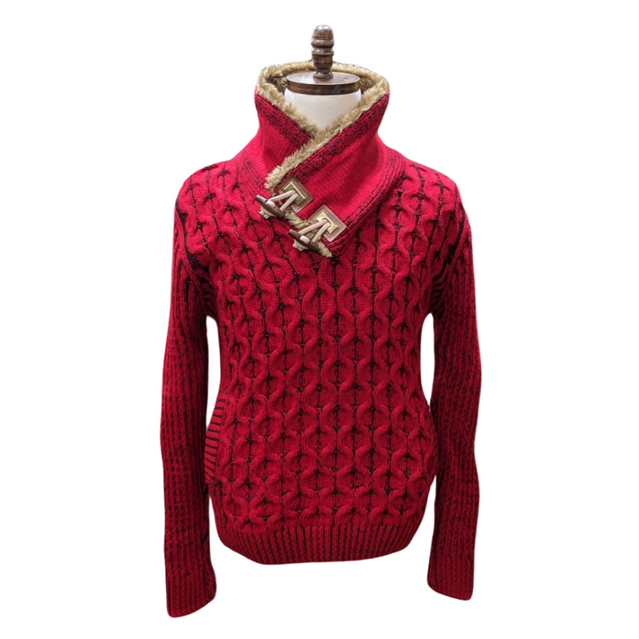 Young Republic Solid Red Cotton Blend Shawl Neck Aran Sweater with Faux Fur Collar - The Suit Depot