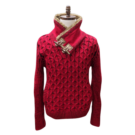 Young Republic Solid Red Cotton Blend Shawl Neck Aran Sweater with Faux Fur Collar - The Suit Depot