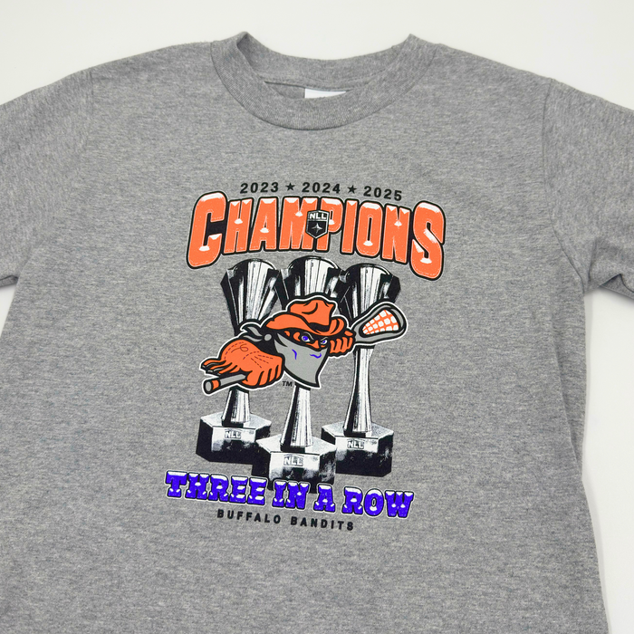 Youth Buffalo Bandits Three In a Row NLL Championship Heather Gray T-Shirt